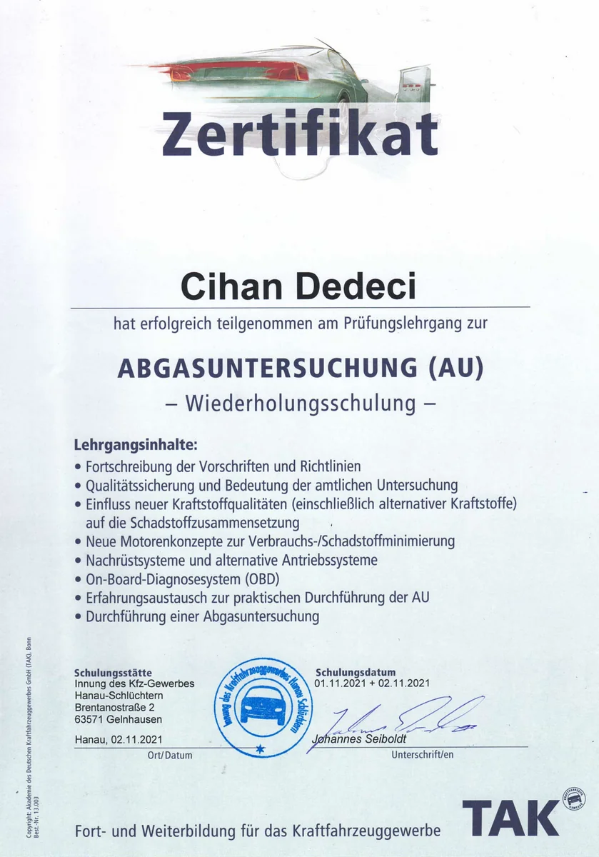 AU-Zertifikat 2021 - MainPrüfer Kfz-Gutachter Zertifikat