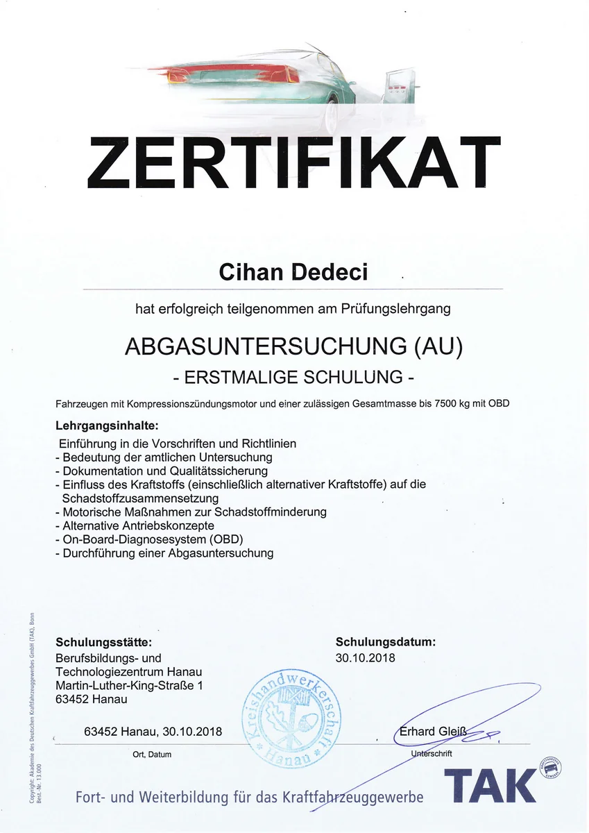 AU-Zertifikat Diesel 2018 - MainPrüfer Kfz-Gutachter Zertifikat