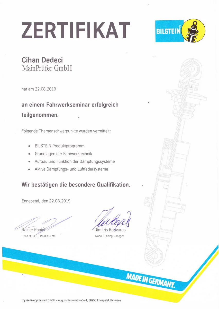 Bilstein Fahrwerk - MainPrüfer Kfz-Gutachter Zertifikat