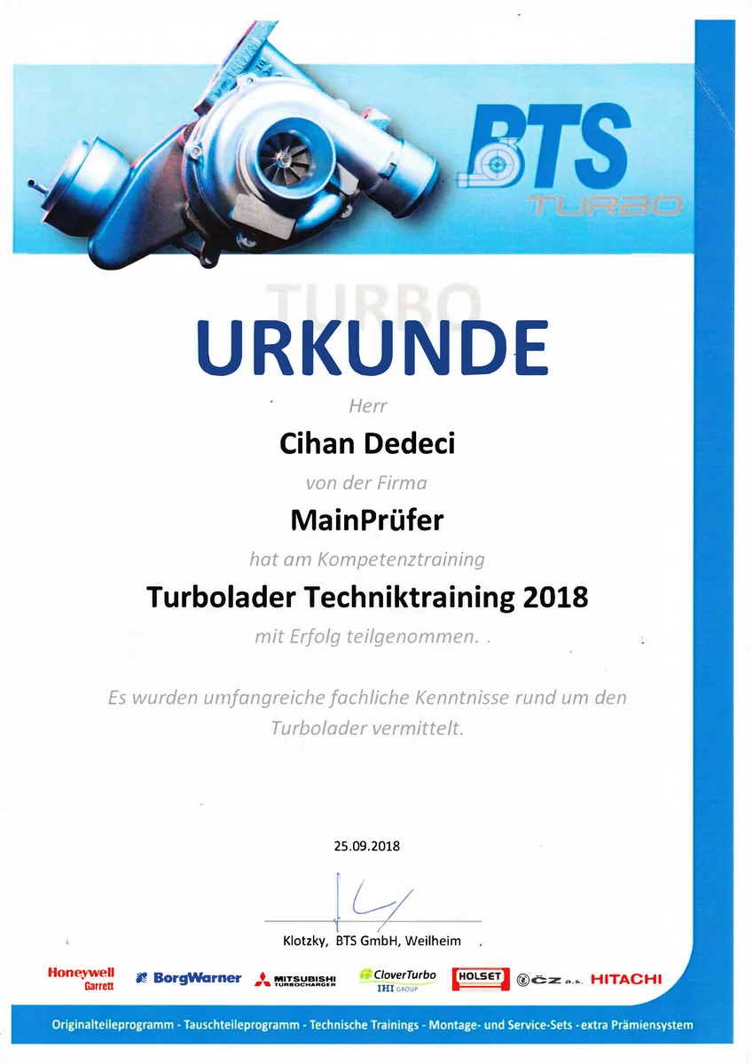 BTS Turbo Technik - MainPrüfer Kfz-Gutachter Zertifikat