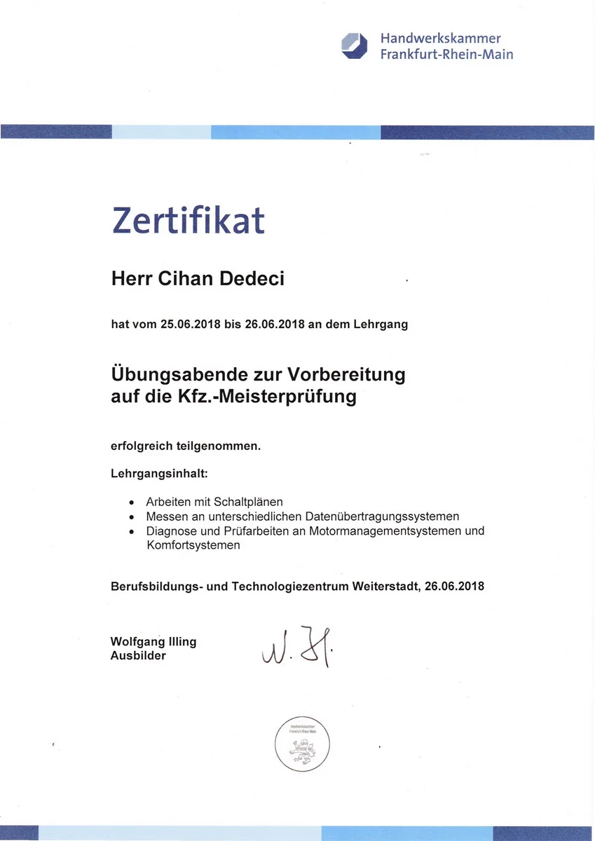 Kfz-Technik Kurs 2 - MainPrüfer Kfz-Gutachter Zertifikat