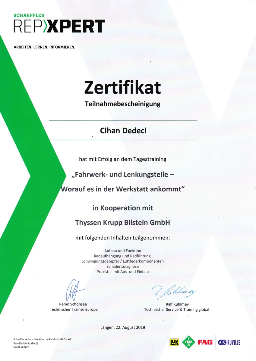 RepXpert Fahrwerk - MainPrüfer Kfz-Gutachter Zertifikat